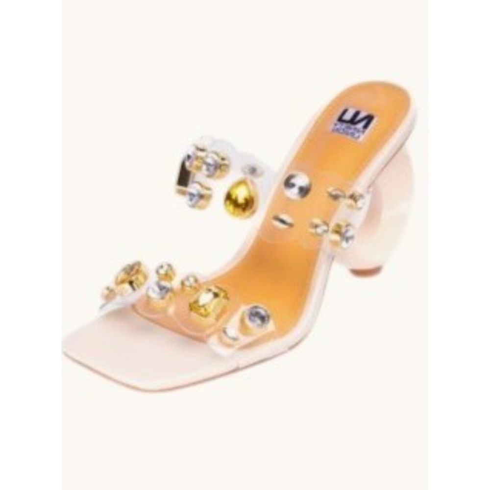 Ninety Union Joyful‎ Ivory Crystal Embellished Clear Strap Circle Heel Sandals 7